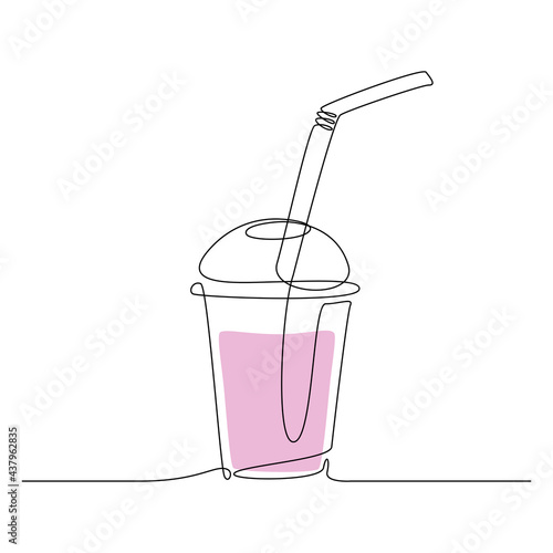 Sweet fresh drink in plastic cup with straw in One continuous line drawing. Strawberry smoothie in transparent mug in lineart style. Editable stroke. Modern vector illustration