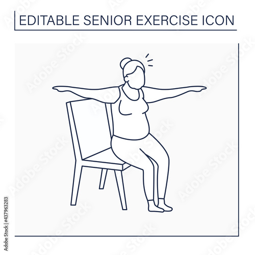 Chair yoga line icon. Old woman sitting on chair. Yoga exercises. Sport life. Prevention diseases. Senior exercise concept. Isolated vector illustration. Editable stroke