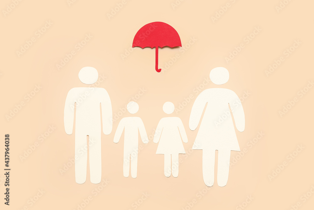 Family figures with umbrella on color background. Health care insurance concept Family figures with umbrella on color background. Health care insurance concept