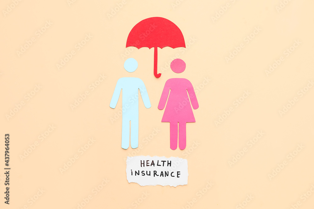Human figures with umbrella and text HEALTH INSURANCE on color background Human figures with umbrella and text HEALTH INSURANCE on color background