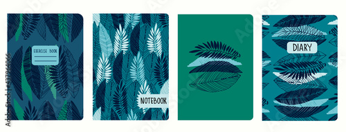 Set of cover page templates with tropical leaves. Based on seamless patterns. Headers isolated and replaceable. Perfect for notebooks, notepads, diaries, etc