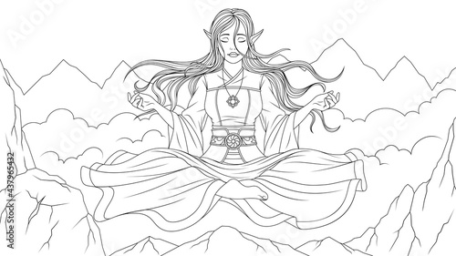 Vector illustration, beautiful girl elf meditates high in the mountains, soars above the clouds