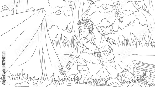 Vector graphics, treasure hunter sets up a tent for a halt