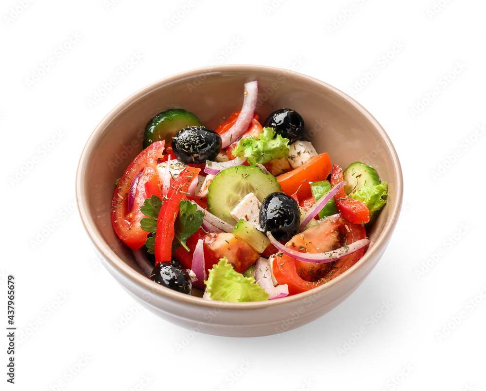 Bowl of tasty Greek salad on white background Bowl of tasty Greek salad on white background
