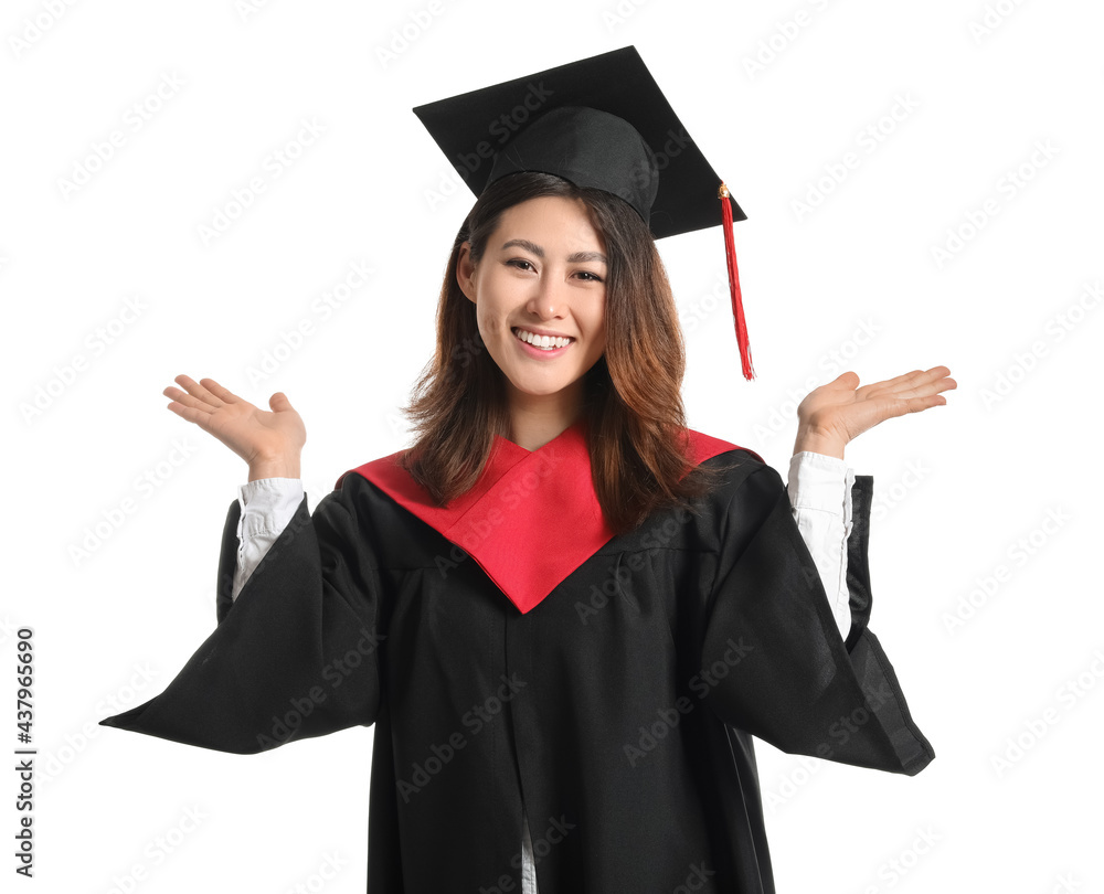 Happy female graduating student on white background Happy female graduating student on white background