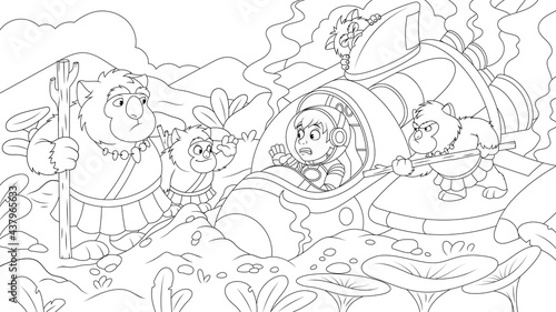 Vector illustration, traveler young cosmonaut crashed on an alien planet, rocket breakdown, meeting of an astronaut with aliens