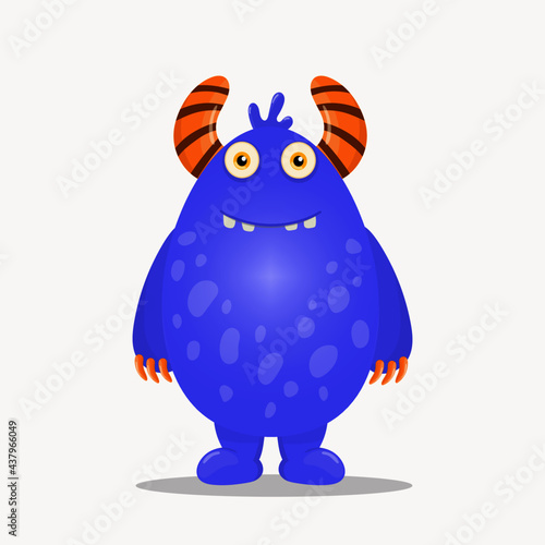 a cheerful blue monster with striped horns and big eyes