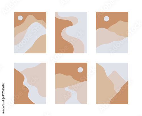 Set of abstract contemporary art boho posters with minimalist landscapes of mountains, river, moon and sun in terracotta color