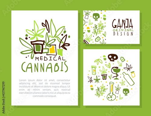 Medical Cannabis Card Templates Set  Hemp Products Flyer  Card  Brochure Template Design Vector Illustration