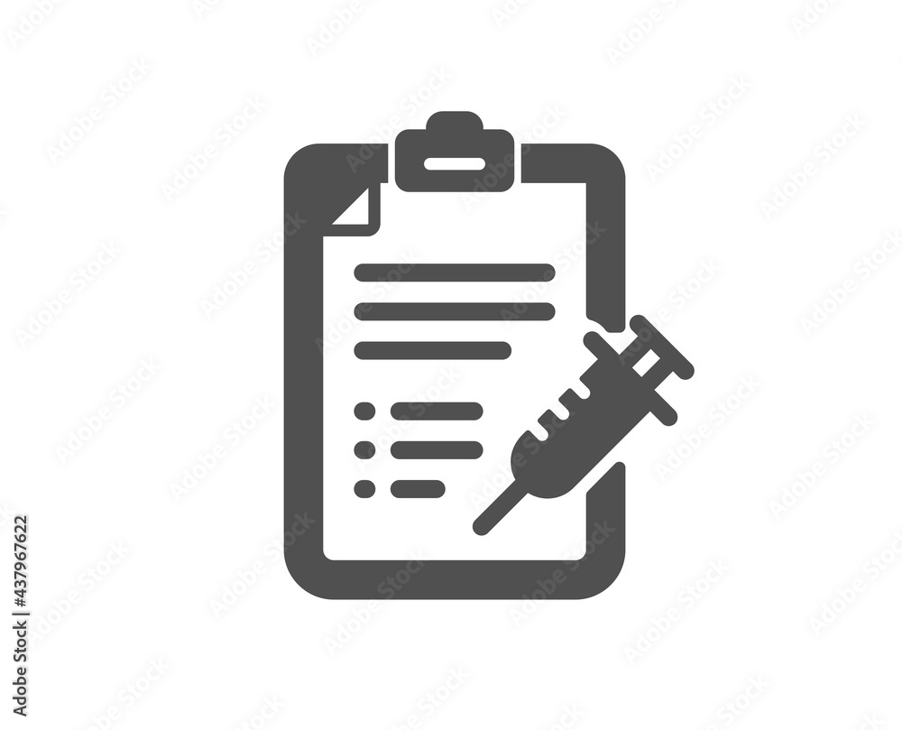 Vaccine report simple icon. Vaccination syringe sign. Injection schedule symbol. Classic flat style. Quality design element. Simple vaccine report icon. Vector Vaccine report simple icon. Vaccination syringe sign. Injection schedule symbol. Classic flat style. Quality design element. Simple vaccine report icon. Vector