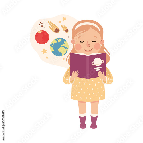 Cute Girl Having Astronomy Lesson, Elementary School Student Reading Book about Planets, Kids Education Concept Cartoon Vector Illustration