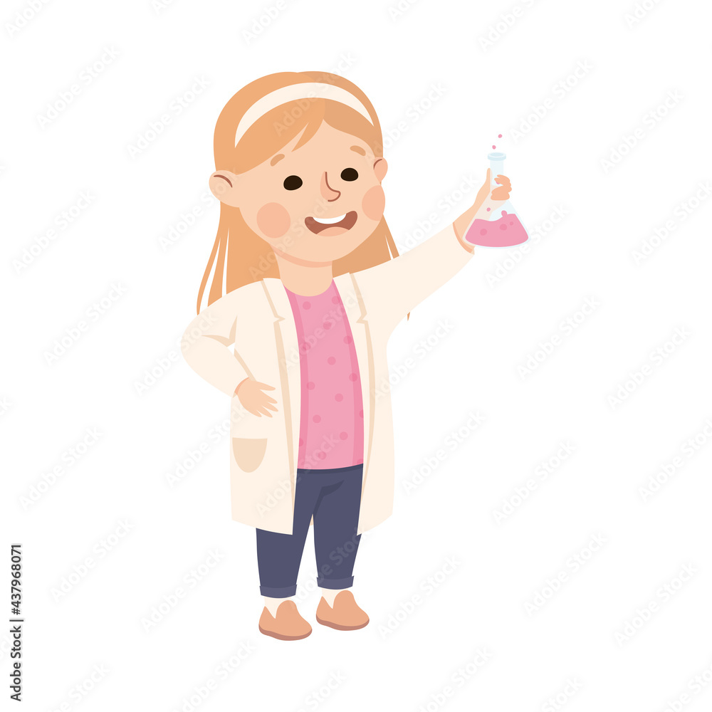 Cute Girl Having Chemistry Lesson, Elementary School Student Holding Flask, Kids Education Concept Cartoon Vector Illustration