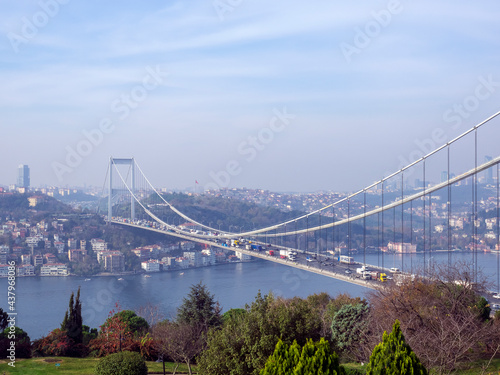 Bosphorus Bridge with skyscrapers in Istanbul, Turkey