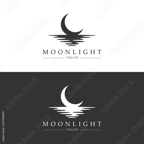 Moon logo design. Crescent above the water. Half moon over the sea. Vector illustration.
