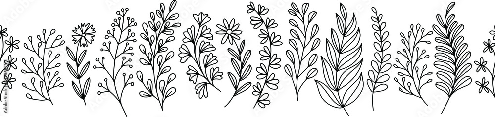 Hand drawn vector seamless border with flowers and herbs. Stock illustration with easter plants.