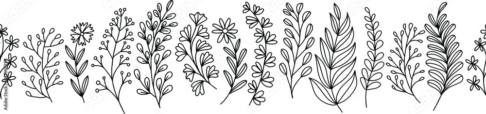 Hand drawn vector seamless border with flowers and herbs. Stock illustration with easter plants. Hand drawn vector seamless border with flowers and herbs. Stock illustration with easter plants.