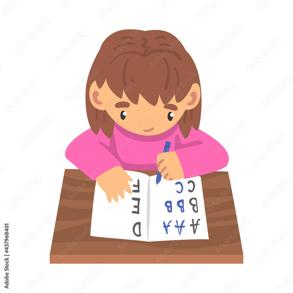 Adorable Cute Girl Learning to Write, Elementary School Student Making Homework Cartoon Vector Illustration Adorable Cute Girl Learning to Write, Elementary School Student Making Homework Cartoon Vector Illustration