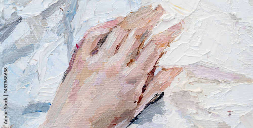 Fragment of art.. Woman's hand on bed linen. Oil painting on canvas.