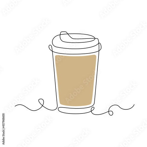 Paper cup of coffee in Continuous line drawing. Concept of hot drink to go in lineart style. Editable stroke. Simple Vector illustration
