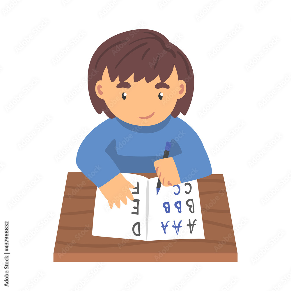 Cute Boy Sitting at her Desk and Writing, Elementary School Student Writing English Letters in Notebook Cartoon Vector Illustration Cute Boy Sitting at her Desk and Writing, Elementary School Student Writing English Letters in Notebook Cartoon Vector Illustration
