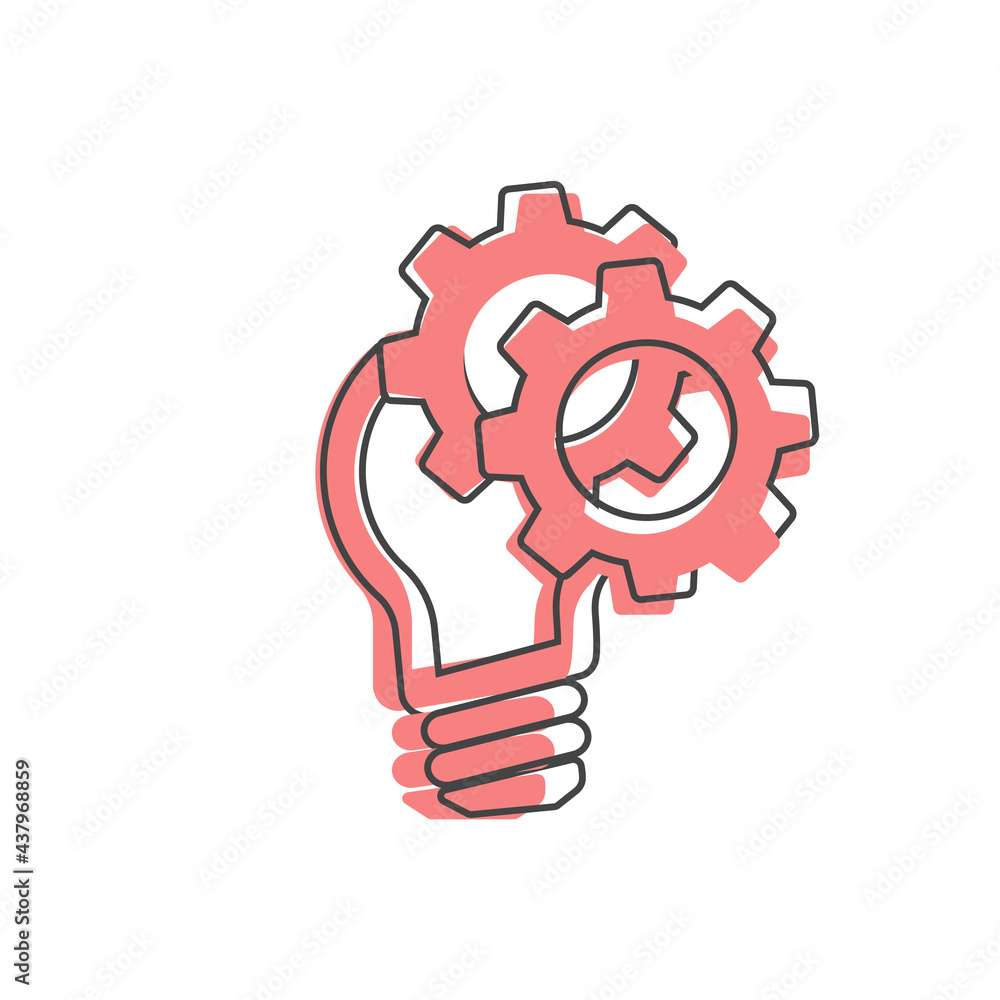 Vector lamp and gear icon. Symbol of generating new ideas on cartoon style on white isolated background. Vector lamp and gear icon. Symbol of generating new ideas on cartoon style on white isolated background.