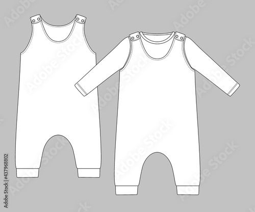 basic baby sleeveless romper with press studs on shoulder and long sleeve top. Flat sketch template isolated on grey background