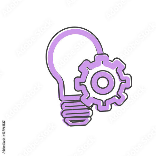 Vector lamp and gear icon. Symbol of generating new ideas on cartoon style on white isolated background.