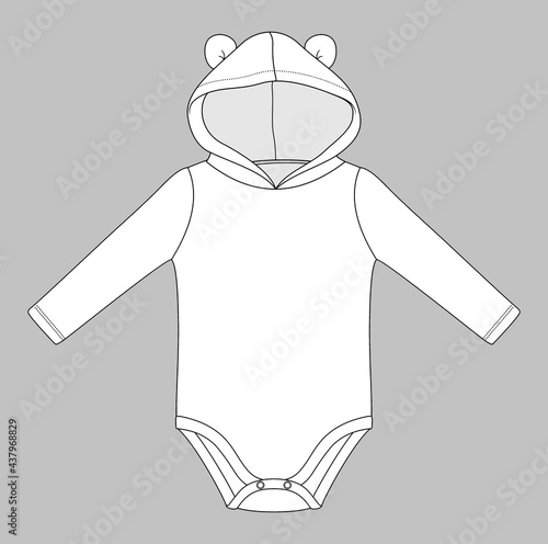 hooded long sleeve baby body suit with ears. Flat sketch template isolated on grey background
