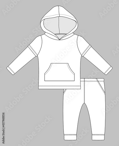 set with double sleeve hoodie with kangaroo pocket and runner pants. Flat sketch template isolated on grey background