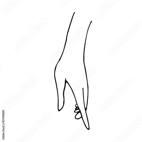 Linear hand drawing for logo and design. Women's hands. Black and white drawing and stains. Lines Hands, clubs, brushes.