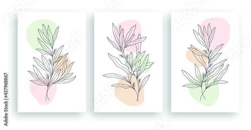 minimalist line art flower illustration with abstract leaves poster design set
