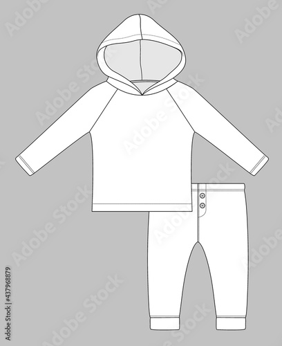 set with raglan long sleeve hoodie with and runner pants. Flat sketch template isolated on grey background
