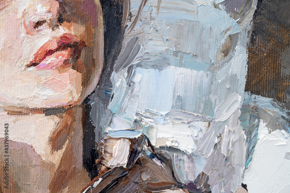 .Fragment of a female portrait. Female lips detail close. Oil painting on canvas.
