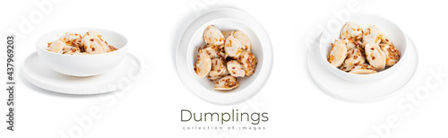Dumplings with potatoes and fried onions isolated on a white background.