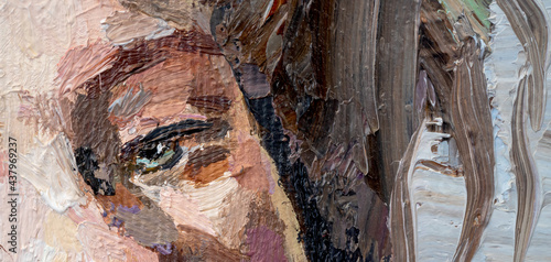 Fototapeta Naklejka Na Ścianę i Meble -  Fragment of a female portrait. Female eyes detail close. Oil painting on canvas.