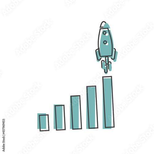Growth graph with rocket. Vector business icon schedule on white isolated background.