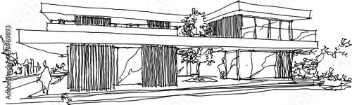 hand drawn architectural sketches of modern two story detached house with flat roof and people around