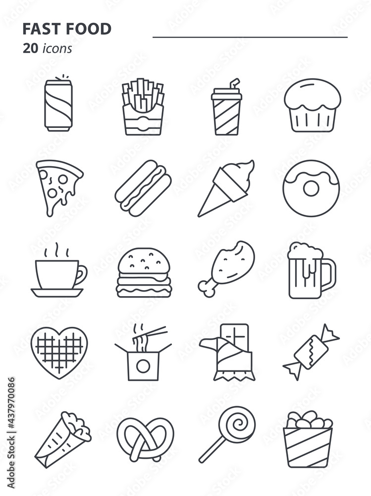 Fastfood - icon set. Street food linear symbols. Vector line web icons collection. Fastfood - icon set. Street food linear symbols. Vector line web icons collection.