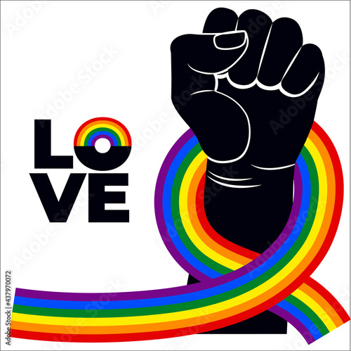 Hand with LGBT flag. Pride month. Rainbow. Lesbian, gay, bisexual, and transgender. LGBTQ organization. Vector illustration