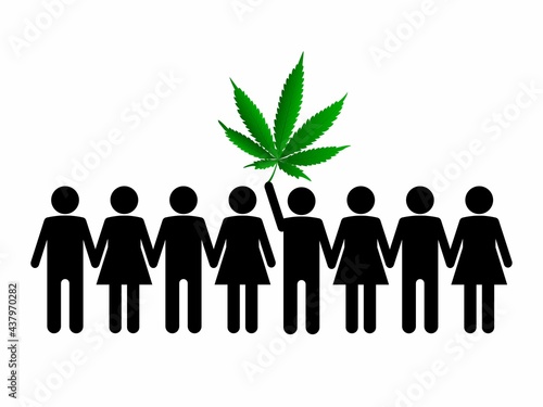 Sketch of crowd and leader with green hemp leaf. Cannabis legalization concept. Vector.