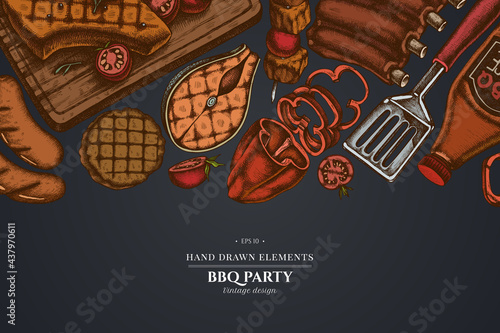 Design on dark background with spatula, Pork ribs, kebab, sausages, steak, sauce bottles, grilled burger patties, grilled tomato, grilled salmon steak, grilled bell pepper