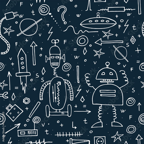 Hand drawn robots seamless pattern. Doodle elements. School board background. Vector print.
