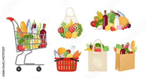 Grocery sets. Paper bag with food, fruit and vegetables in eco bag, reusable mesh eco bag, shopping trolley cart. Supermarket food vector illustration. Cartoon flat style.