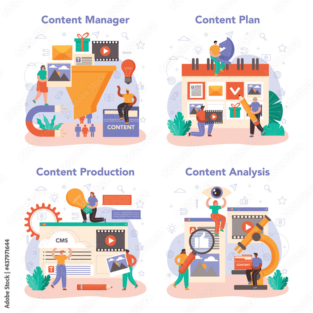 Content manager concept set. Idea of digital strategy and content