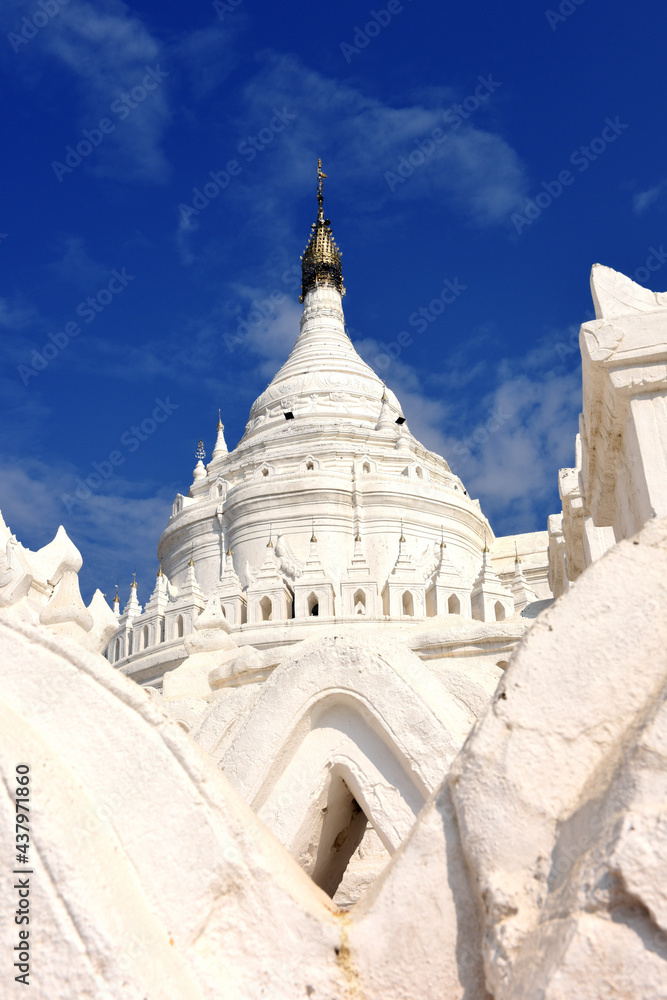 White Hsinbyume Pagoda (Mya Thein Dan pagoda) in Mingun near Mandalay, Myanmar (Burma) west part of the river Irrawaddy White Hsinbyume Pagoda (Mya Thein Dan pagoda) in Mingun near Mandalay, Myanmar (Burma) west part of the river Irrawaddy