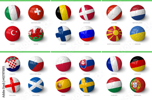 Europe 2020 groups with country flags isolated on white background.