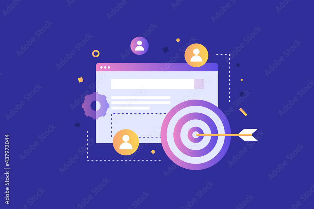 Browser window and target icon with arrow on blue background. Shot directly into the center at the target. Concept of winning an online competition, achieving a goal in business. Vector illustration.