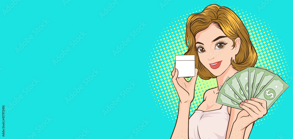 woman holding money and produce with copy space showing woman holding money and produce with copy space showing