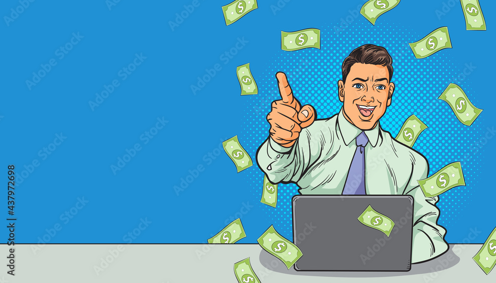 Business man have money success with laptop pointing hand Business man have money success with laptop pointing hand