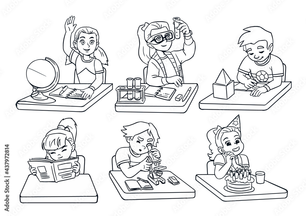 Schoolchildren children sit at tables collection. Schooling line. Chemical experience, reading a book and looking through a microscope. Vector isolated illustration of cartoon child style characters Schoolchildren children sit at tables collection. Schooling line. Chemical experience, reading a book and looking through a microscope. Vector isolated illustration of cartoon child style characters